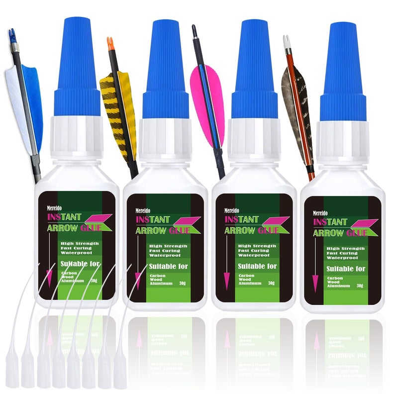 Mereido 4 Packs Instant Fletching Glue, Clear Arrow Glue, Adhesive for Carbon Arrows, Fletching Vanes, Feathers and Inserts, Great for Aluminium, Carbon and Wood Shafts (30g X4) - Image 1